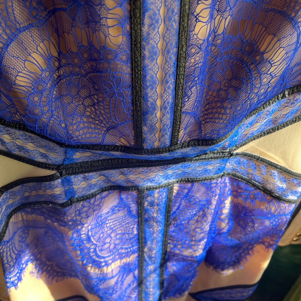 Three Floor electric blue/periwinkle Dress w/Lace, black leather, & sheer detail - Picture 14 of 16